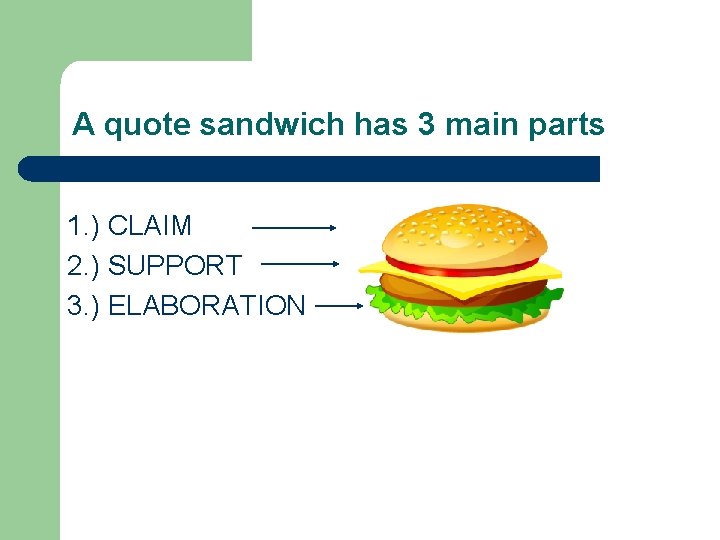 A quote sandwich has 3 main parts 1. ) CLAIM 2. ) SUPPORT 3.