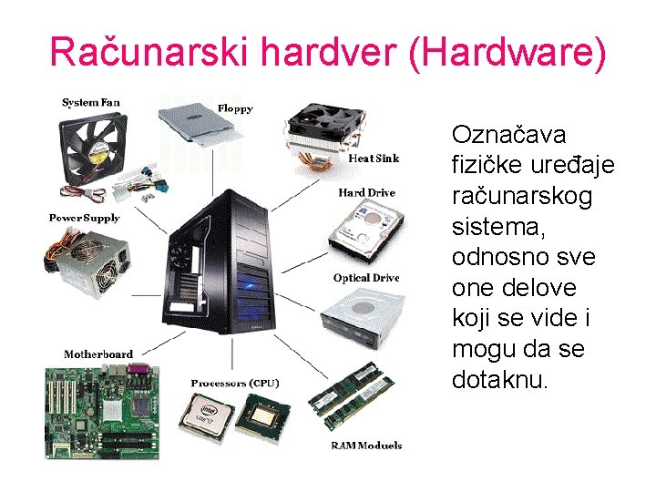 Računarski hardver (Hardware) Označava fizičke uređaje računarskog sistema, odnosno sve one delove koji se