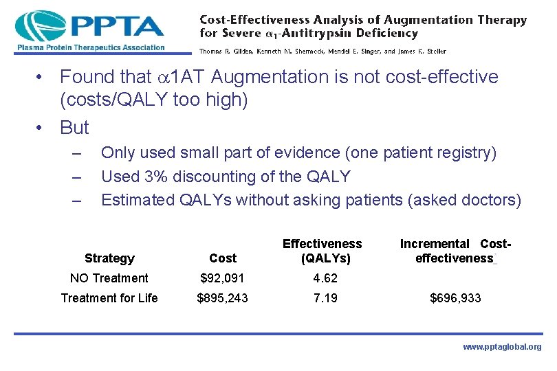  • Found that 1 AT Augmentation is not cost-effective (costs/QALY too high) •