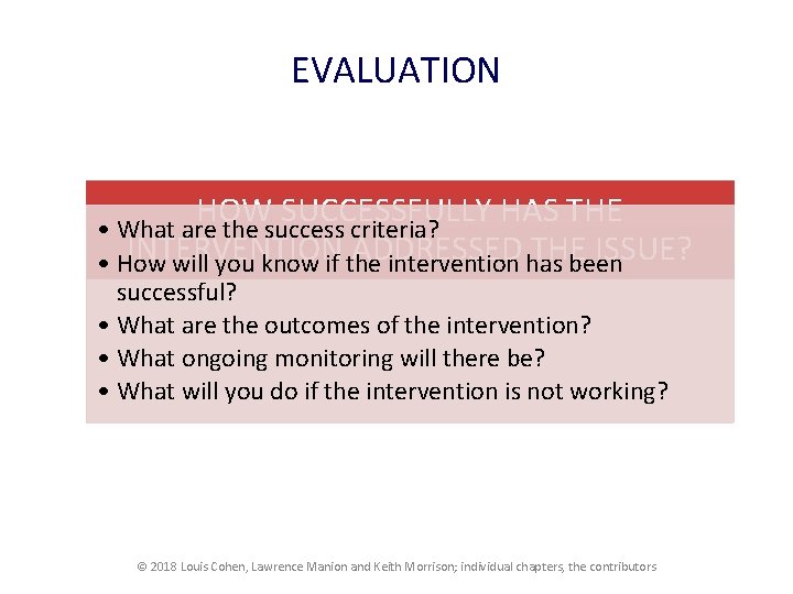 EVALUATION HOW SUCCESSFULLY HAS THE • What are the success criteria? INTERVENTION ADDRESSED THE