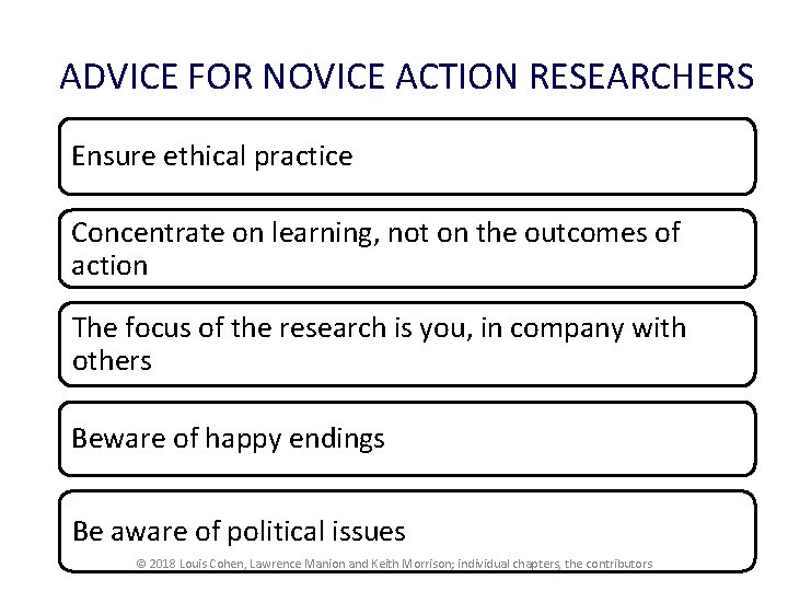 ADVICE FOR NOVICE ACTION RESEARCHERS Ensure ethical practice Concentrate on learning, not on the