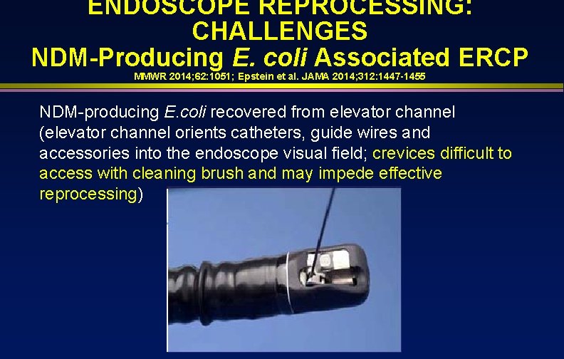 ENDOSCOPE REPROCESSING: CHALLENGES NDM-Producing E. coli Associated ERCP MMWR 2014; 62: 1051; Epstein et
