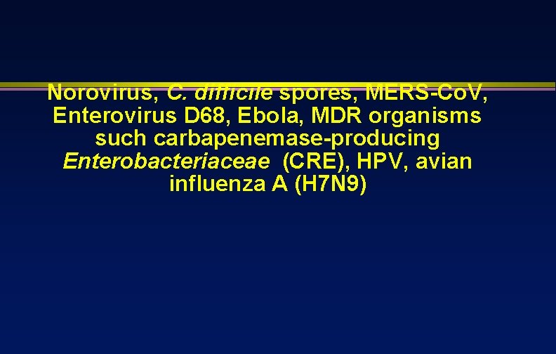 Norovirus, C. difficile spores, MERS-Co. V, Enterovirus D 68, Ebola, MDR organisms such carbapenemase-producing