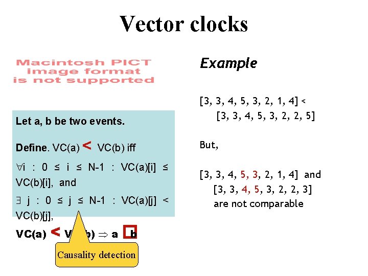 Vector clocks Example Let a, b be two events. Define. VC(a) < VC(b) iff