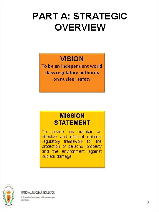 PART A: STRATEGIC OVERVIEW VISION To be an independent world class regulatory authority on