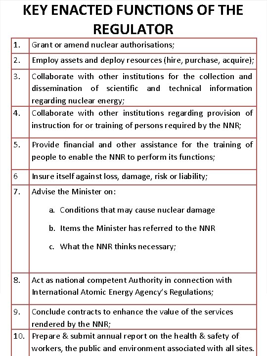 KEY ENACTED FUNCTIONS OF THE REGULATOR 1. Grant or amend nuclear authorisations; 2. Employ