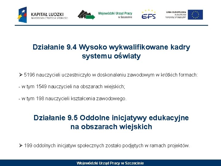 Działanie 9. 4 Wysoko wykwalifikowane kadry systemu oświaty Ø 5196 nauczycieli uczestniczyło w doskonaleniu