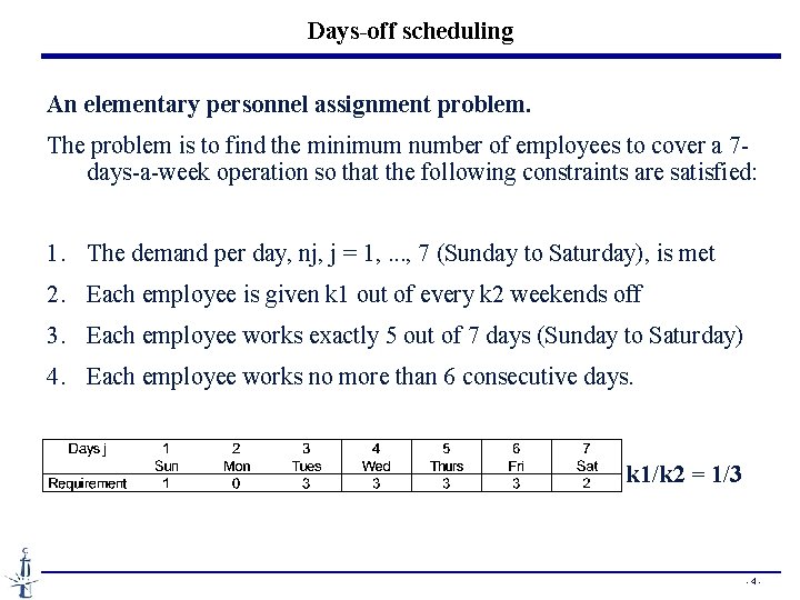 Days-off scheduling An elementary personnel assignment problem. The problem is to find the minimum Days-off scheduling An elementary personnel assignment problem. The problem is to find the minimum
