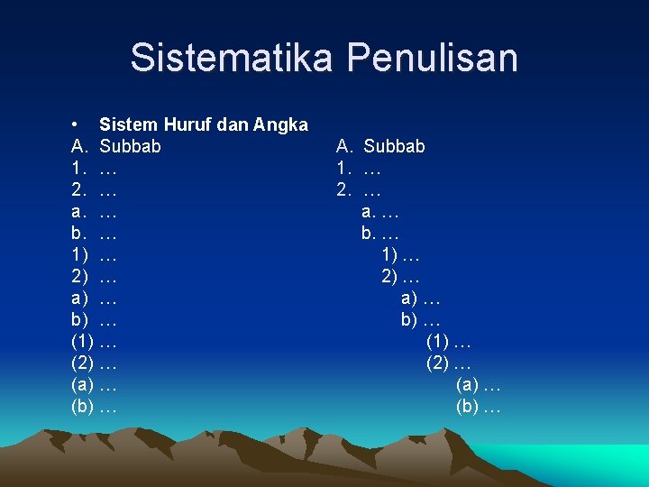 Sistematika Penulisan • A. 1. 2. a. b. 1) 2) a) b) (1) (2) Sistematika Penulisan • A. 1. 2. a. b. 1) 2) a) b) (1) (2)