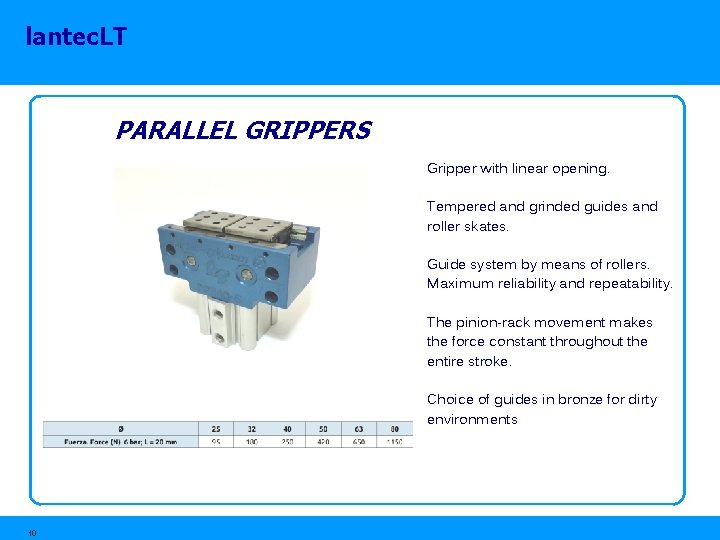lantec. LT PARALLEL GRIPPERS Gripper with linear opening. Tempered and grinded guides and roller lantec. LT PARALLEL GRIPPERS Gripper with linear opening. Tempered and grinded guides and roller