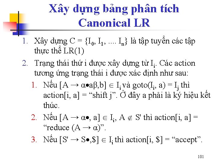 Xây dựng bảng phân tích Canonical LR 1. Xây dựng C = {I 0,