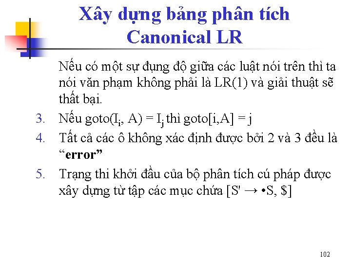 Xây dựng bảng phân tích Canonical LR Nếu có một sự đụng độ giữa