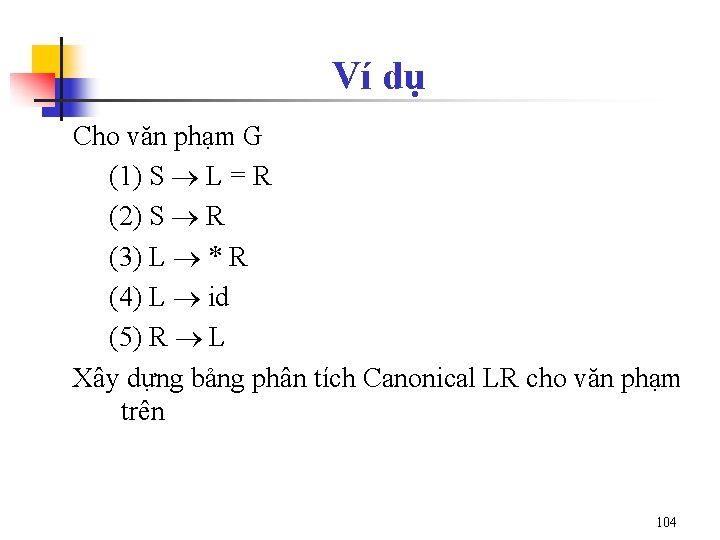 Ví dụ Cho văn phạm G (1) S L = R (2) S R
