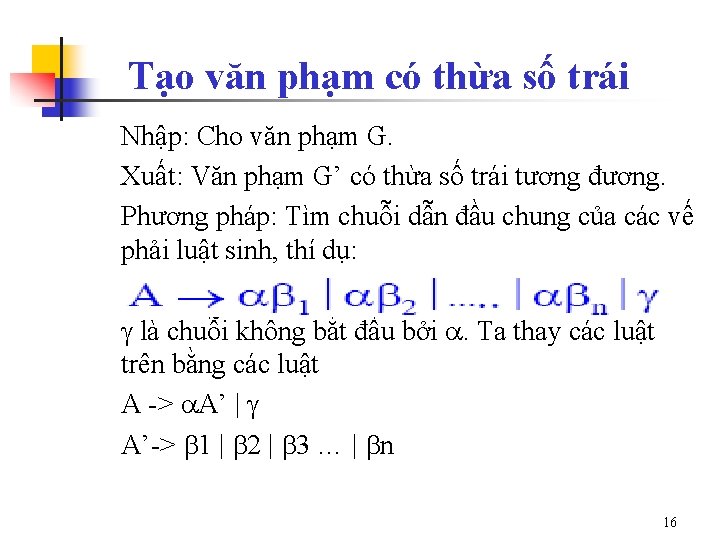 Tạo văn phạm có thừa số trái Nhập: Cho văn phạm G. Xuất: Văn