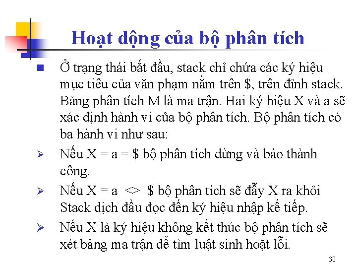 Hoạt động của bộ phân tích n Ø Ø Ø Ở trạng thái bắt