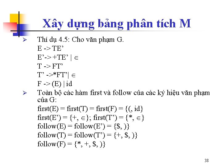 Xây dựng bảng phân tích M Ø Ø Thí dụ 4. 5: Cho văn