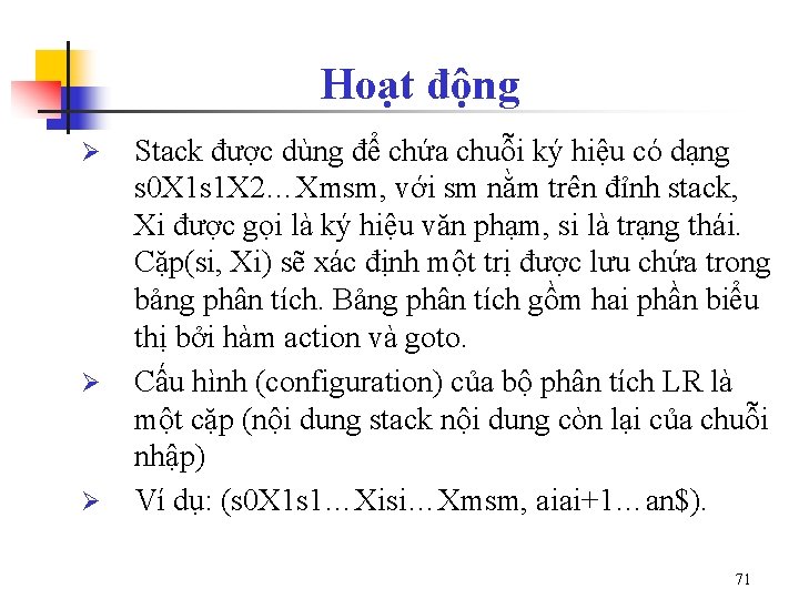 Hoạt động Ø Ø Ø Stack được dùng để chứa chuỗi ký hiệu có