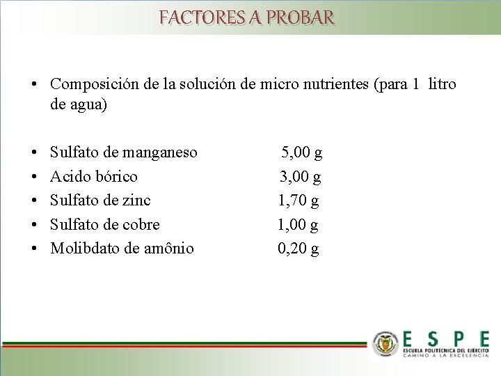 FACTORES A PROBAR • Composición de la solución de micro nutrientes (para 1 litro