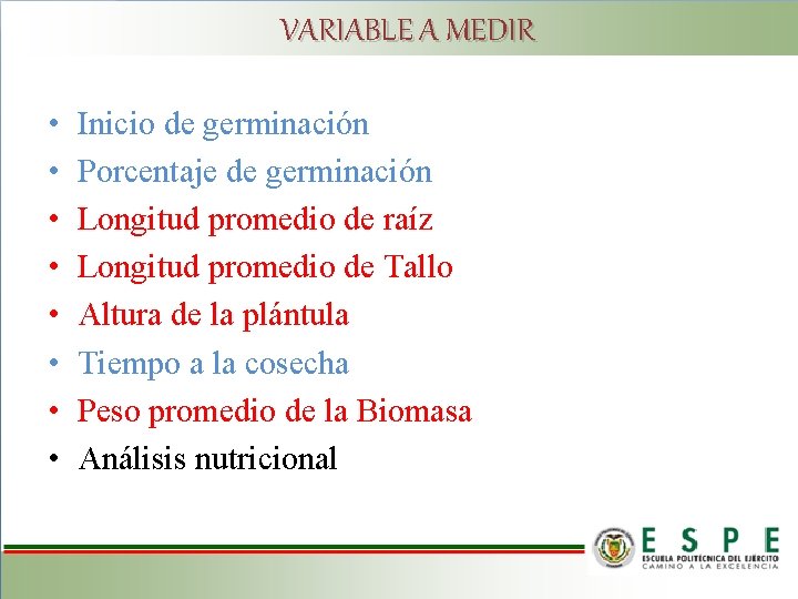 VARIABLE A MEDIR • • Inicio de germinación Porcentaje de germinación Longitud promedio de