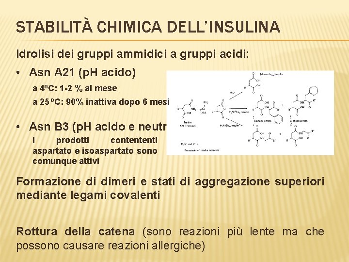 STABILITÀ CHIMICA DELL’INSULINA Idrolisi dei gruppi ammidici a gruppi acidi: • Asn A 21