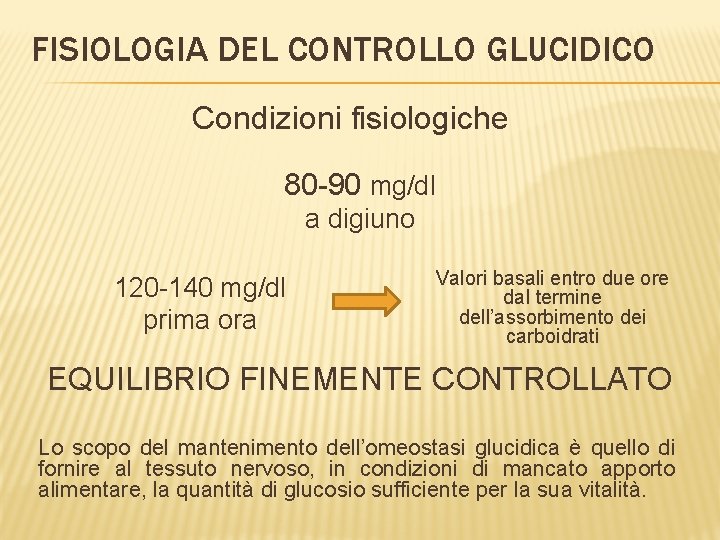 FISIOLOGIA DEL CONTROLLO GLUCIDICO Condizioni fisiologiche 80 -90 mg/dl a digiuno 120 -140 mg/dl