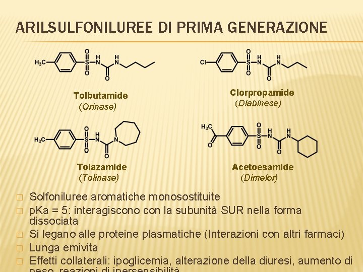 ARILSULFONILUREE DI PRIMA GENERAZIONE � � � Tolbutamide (Orinase) Clorpropamide (Diabinese) Tolazamide (Tolinase) Acetoesamide