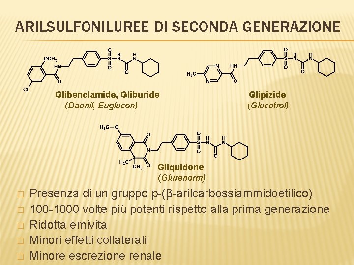 ARILSULFONILUREE DI SECONDA GENERAZIONE Glibenclamide, Gliburide (Daonil, Euglucon) Glipizide (Glucotrol) Gliquidone (Glurenorm) � �