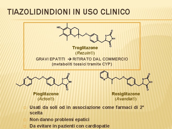 TIAZOLIDINDIONI IN USO CLINICO Troglitazone (Rezuin®) GRAVI EPATITI RITIRATO DAL COMMERCIO (metaboliti tossici tramite