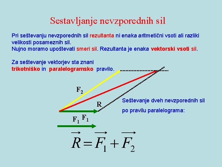 Sestavljanje nevzporednih sil Pri seštevanju nevzporednih sil rezultanta ni enaka aritmetični vsoti ali razliki