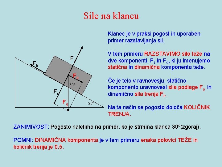 Sile na klancu Klanec je v praksi pogost in uporaben primer razstavljanja sil. V