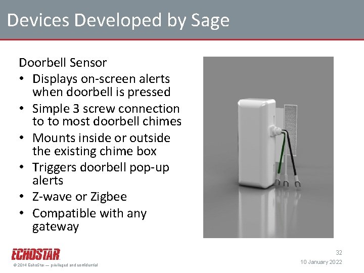 Devices Developed by Sage Doorbell Sensor • Displays on-screen alerts when doorbell is pressed