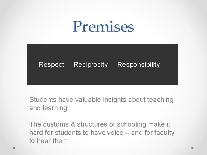 Premises Respect Reciprocity Responsibility Students have valuable insights about teaching and learning. The customs