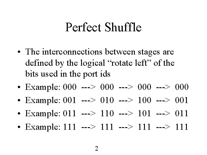 Perfect Shuffle • The interconnections between stages are defined by the logical “rotate left”