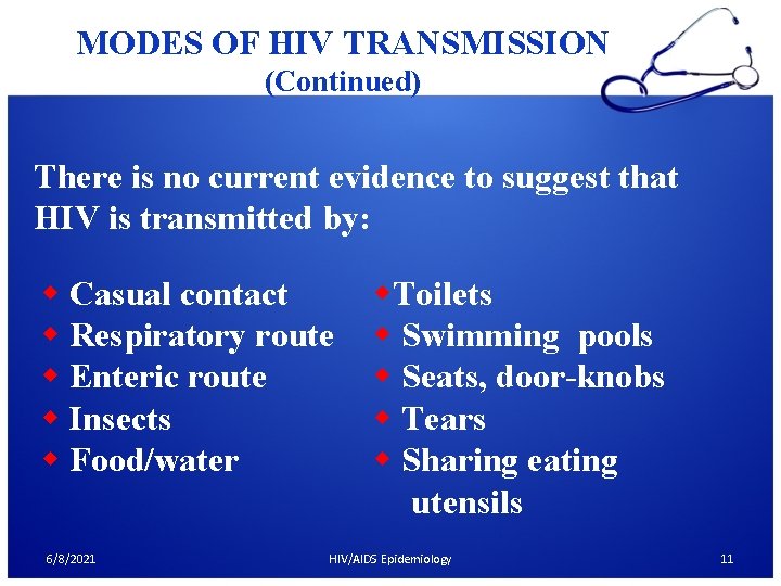 MODES OF HIV TRANSMISSION (Continued) There is no current evidence to suggest that HIV