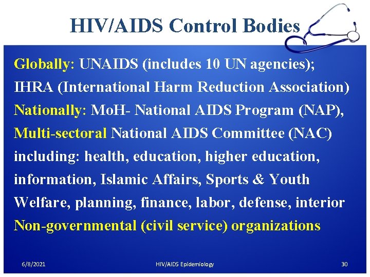 HIV/AIDS Control Bodies Globally: UNAIDS (includes 10 UN agencies); IHRA (International Harm Reduction Association)