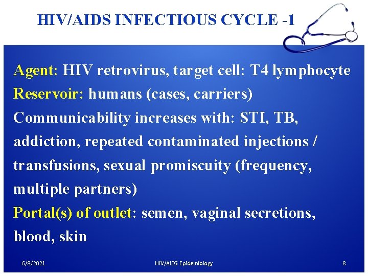 HIV/AIDS INFECTIOUS CYCLE -1 Agent: HIV retrovirus, target cell: T 4 lymphocyte Reservoir: humans