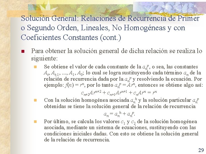 Solución General: Relaciones de Recurrencia de Primer o Segundo Orden, Lineales, No Homogéneas y