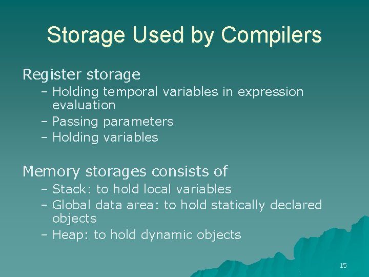 Storage Used by Compilers Register storage – Holding temporal variables in expression evaluation –