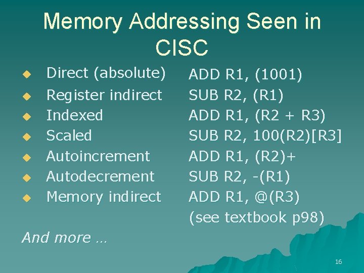 Memory Addressing Seen in CISC u u u u Direct (absolute) Register indirect Indexed