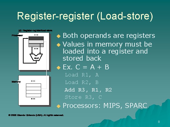 Register-register (Load-store) Both operands are registers u Values in memory must be loaded into