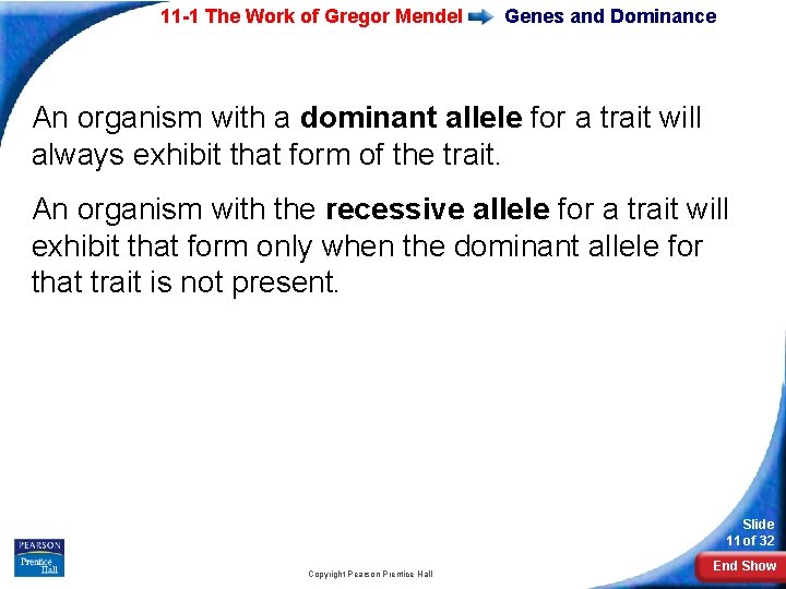 11 -1 The Work of Gregor Mendel Genes and Dominance An organism with a