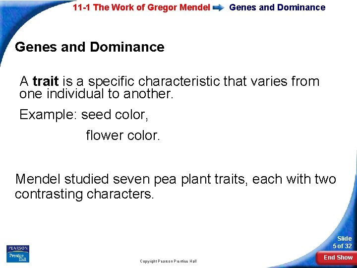 11 -1 The Work of Gregor Mendel Genes and Dominance A trait is a