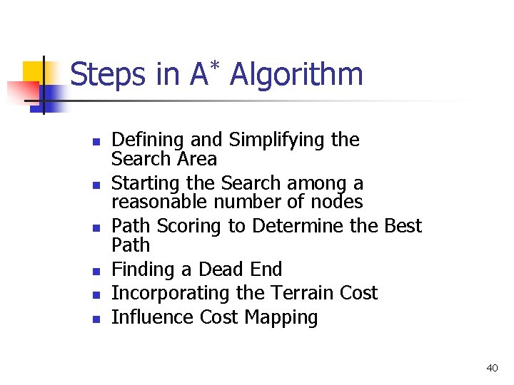 Steps in A* Algorithm n n n Defining and Simplifying the Search Area Starting