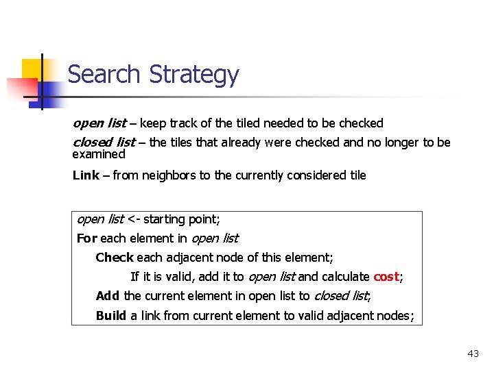 Search Strategy open list – keep track of the tiled needed to be checked