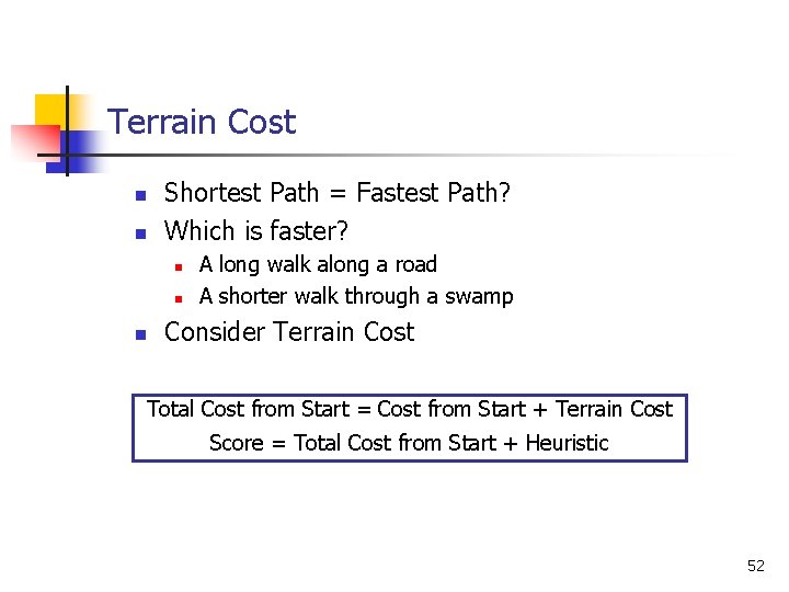 Terrain Cost n n Shortest Path = Fastest Path? Which is faster? n n