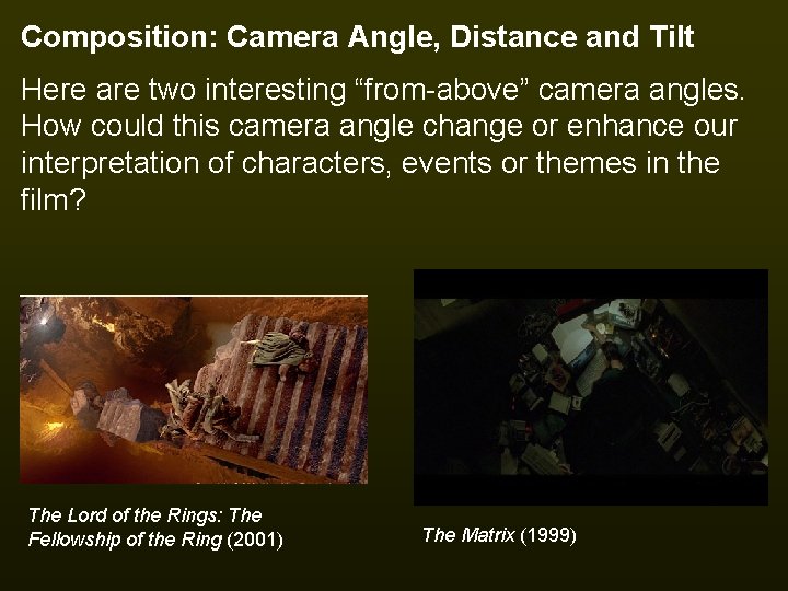 Composition: Camera Angle, Distance and Tilt Here are two interesting “from-above” camera angles. How