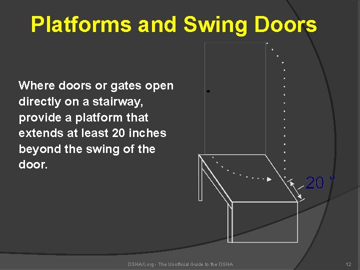 Platforms and Swing Doors Where doors or gates open directly on a stairway, provide