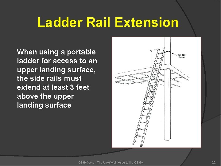 Ladder Rail Extension When using a portable ladder for access to an upper landing