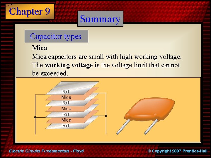 Chapter 9 Summary Capacitor types Mica capacitors are small with high working voltage. The