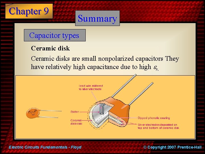 Chapter 9 Summary Capacitor types Ceramic disks are small nonpolarized capacitors They have relatively